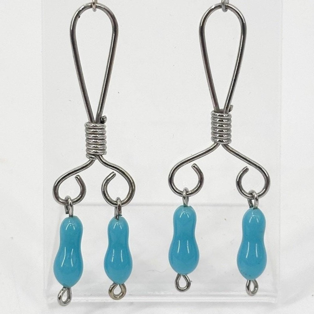 Boho Silvertone Wire Wrapped Dangle Earrings with Blue Beads Statement‎ Jewelry